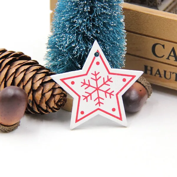 12PCS DIY White&Red Tree/Heart/Star Wooden Pendants Ornaments For Christmas Party Xmas Tree Ornaments Kids Gifts Decorations