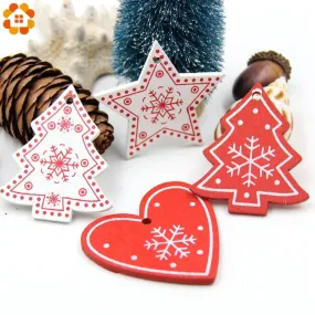 12PCS DIY White&Red Tree/Heart/Star Wooden Pendants Ornaments For Christmas Party Xmas Tree Ornaments Kids Gifts Decorations