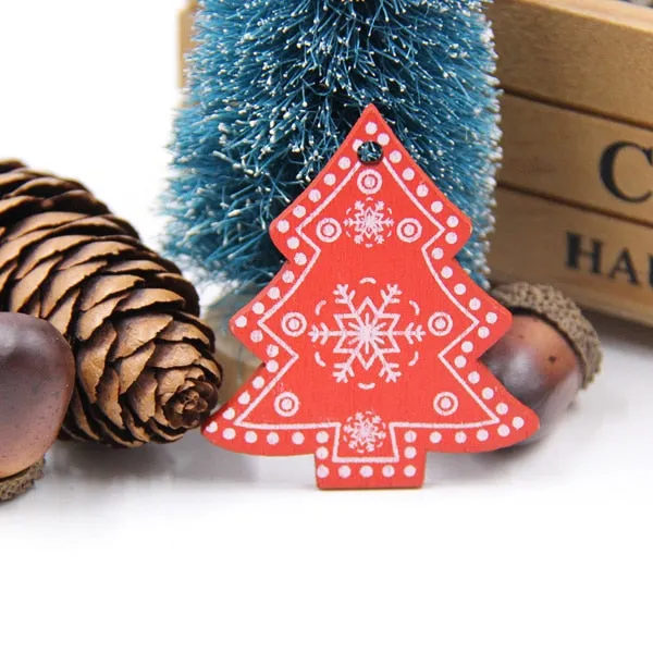 12PCS DIY White&Red Tree/Heart/Star Wooden Pendants Ornaments For Christmas Party Xmas Tree Ornaments Kids Gifts Decorations