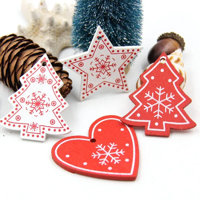 12PCS DIY White&Red Tree/Heart/Star Wooden Pendants Ornaments For Christmas Party Xmas Tree Ornaments Kids Gifts Decorations