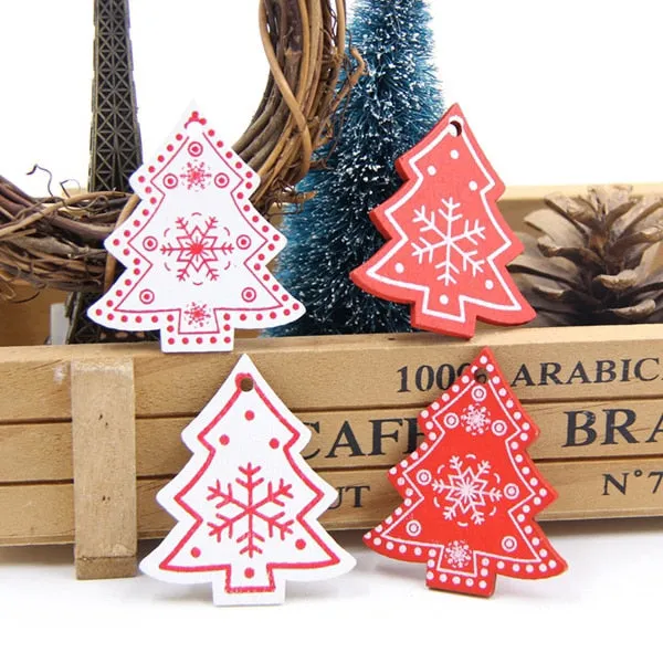 12PCS DIY White&Red Tree/Heart/Star Wooden Pendants Ornaments For Christmas Party Xmas Tree Ornaments Kids Gifts Decorations