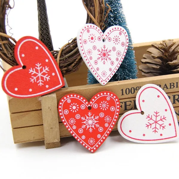 12PCS DIY White&Red Tree/Heart/Star Wooden Pendants Ornaments For Christmas Party Xmas Tree Ornaments Kids Gifts Decorations