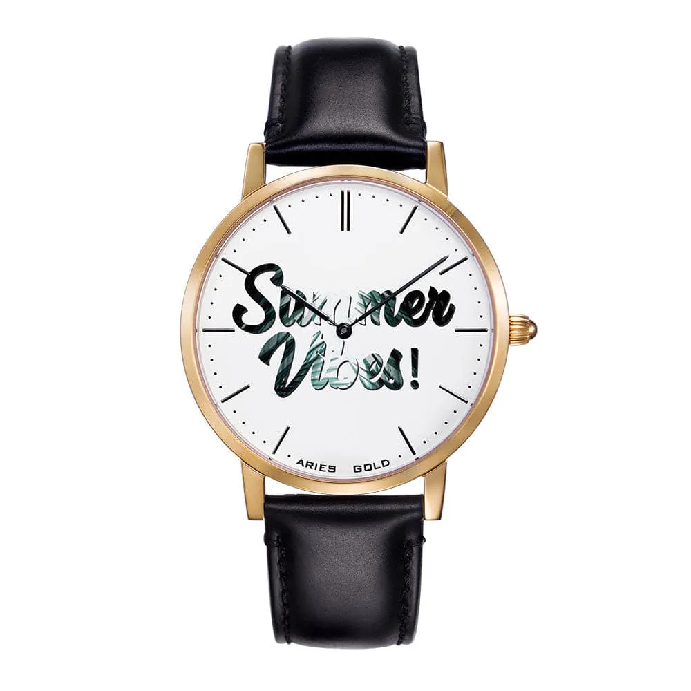 ARIES GOLD CUSTOMISED GOLD STAINLESS STEEL WATCH - SUMMER VIBES WHITE UNISEX LEATHER STRAP WATCH