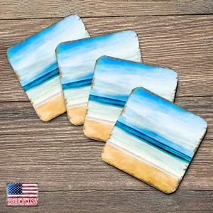 Beach Coastal Wooden Cork Coasters Gift Set of 4 by Nature Wonders - Coastal Sea-Life Décor - 95226C-S4