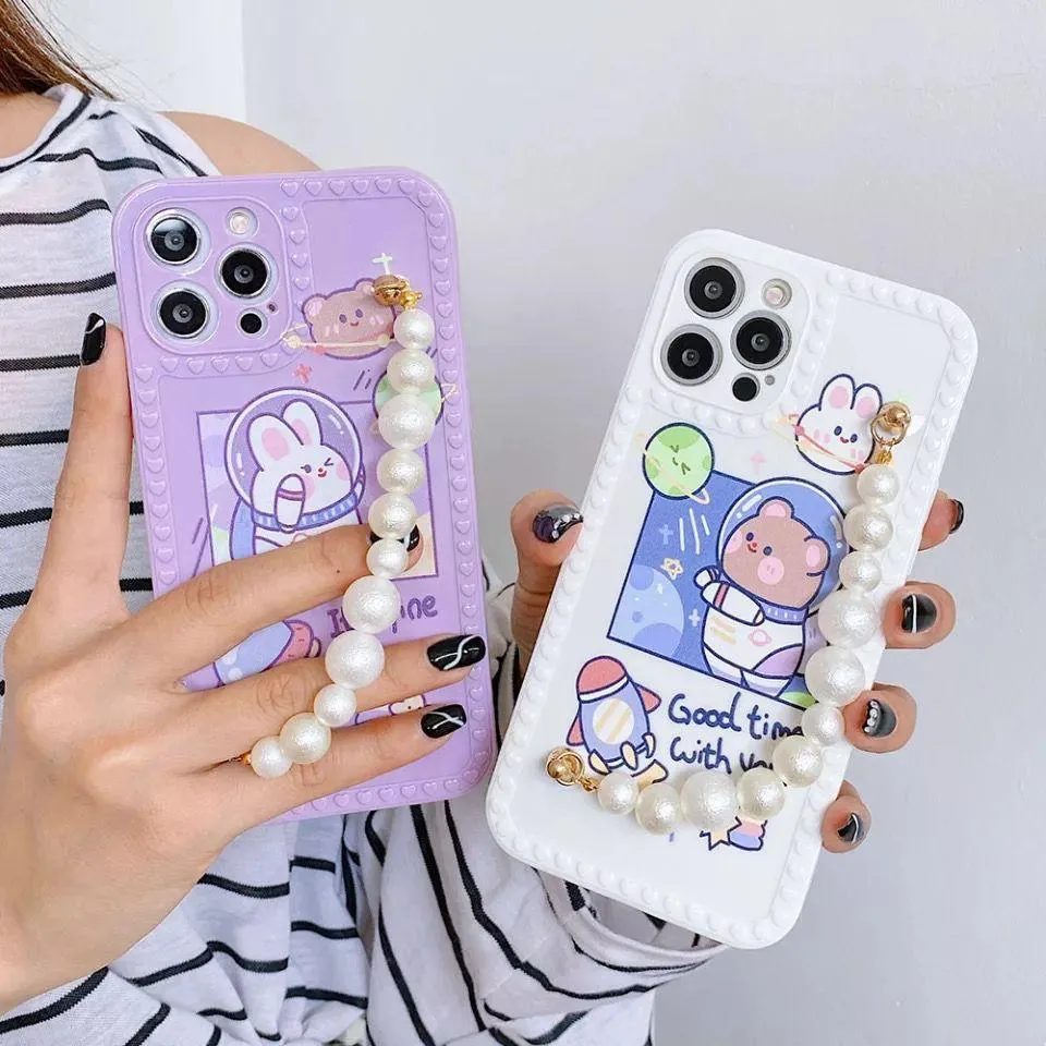 Cartoon Print Case with Pearl Bracelet