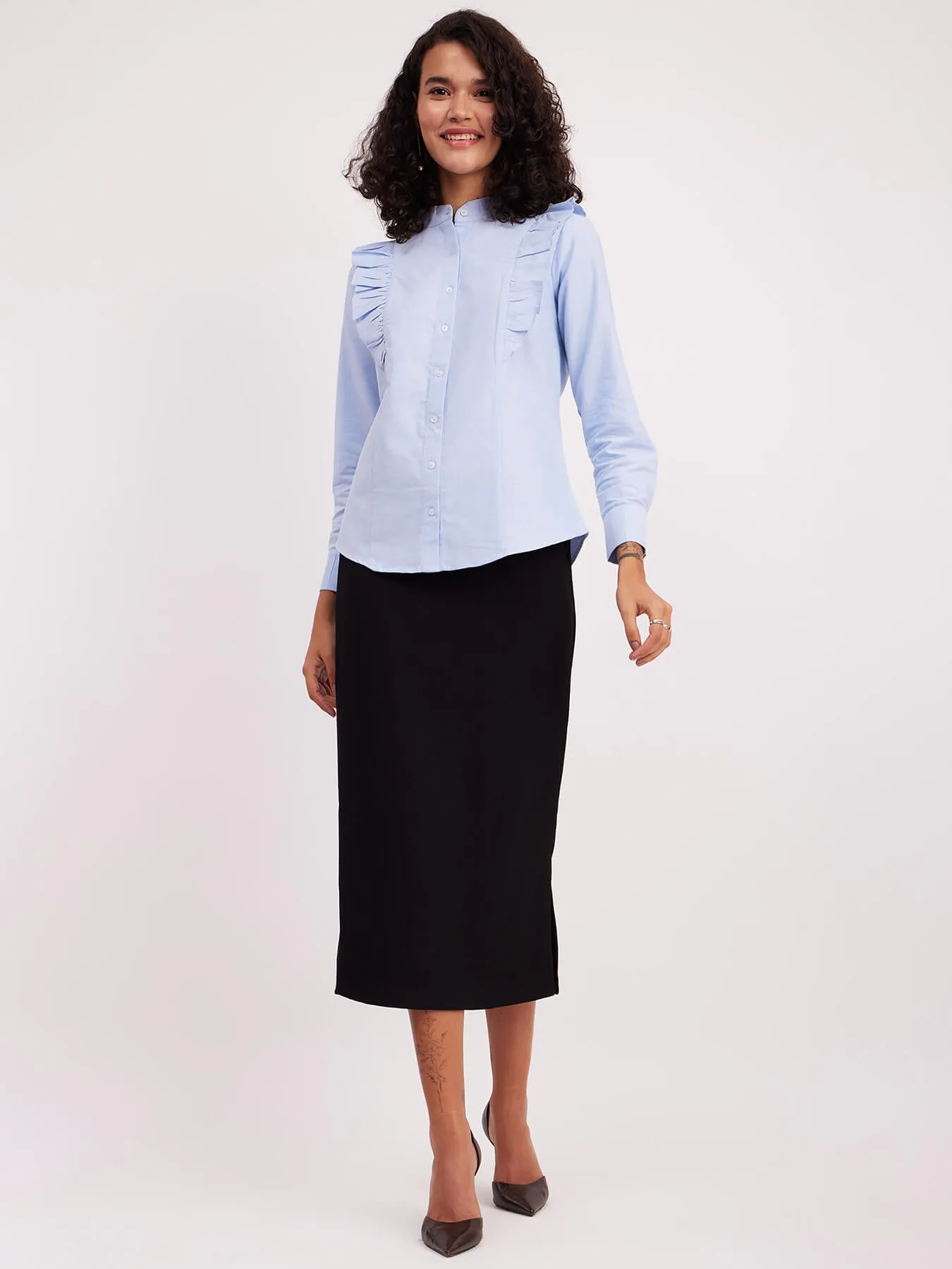 Cotton Ruffle Detail Shirt - Light Blue