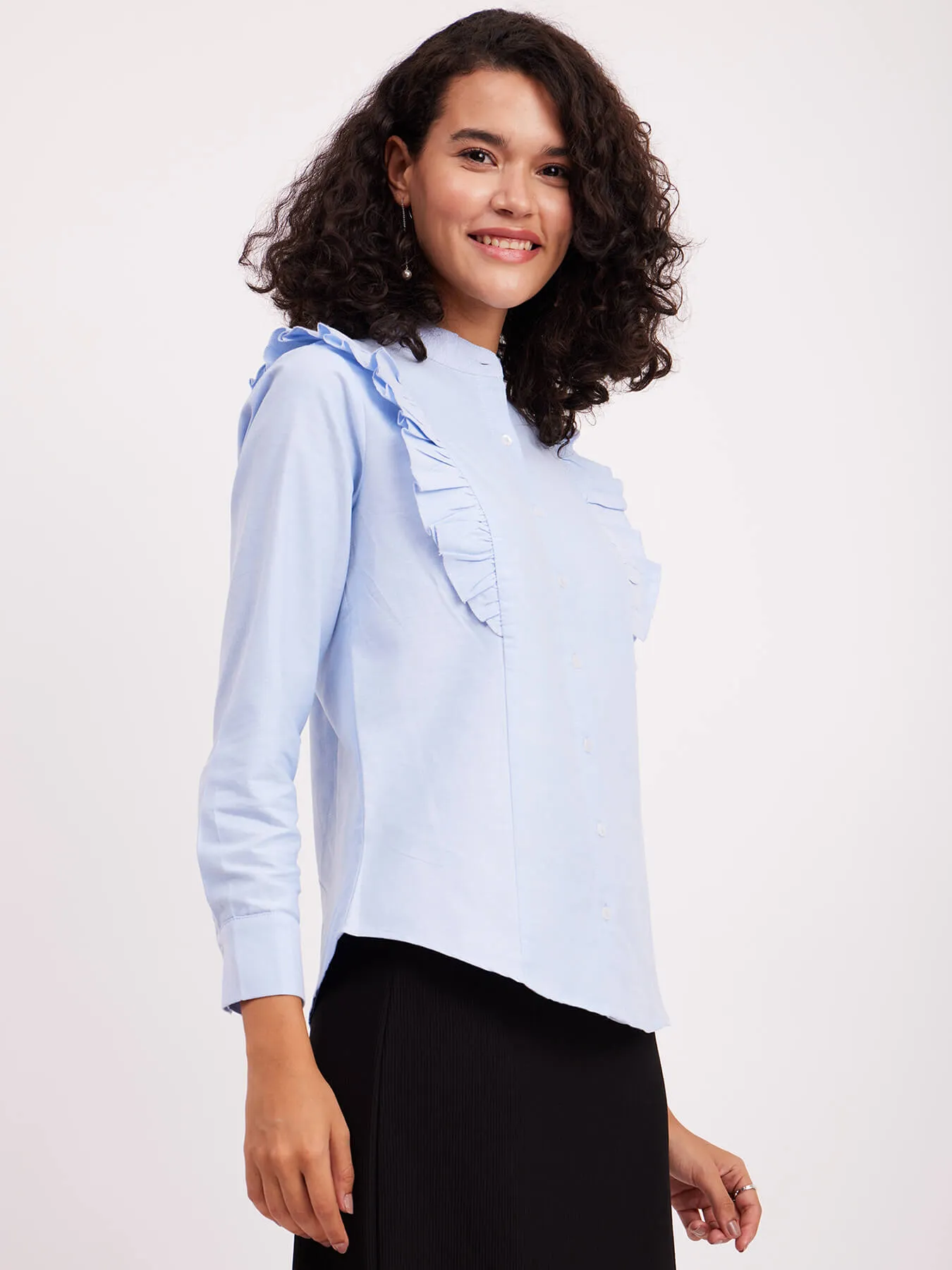 Cotton Ruffle Detail Shirt - Light Blue