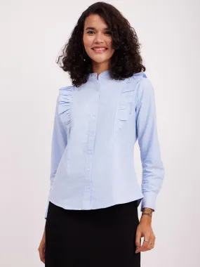 Cotton Ruffle Detail Shirt - Light Blue