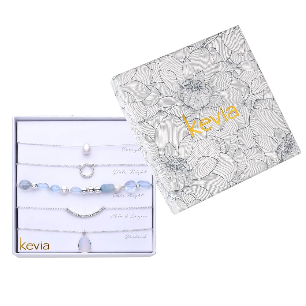 Light Blue, Silver, & Pearl Necklace Set