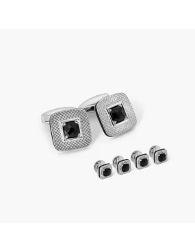 Refratto Cufflinks and Studs with Black Spinel in Rhodium Silver